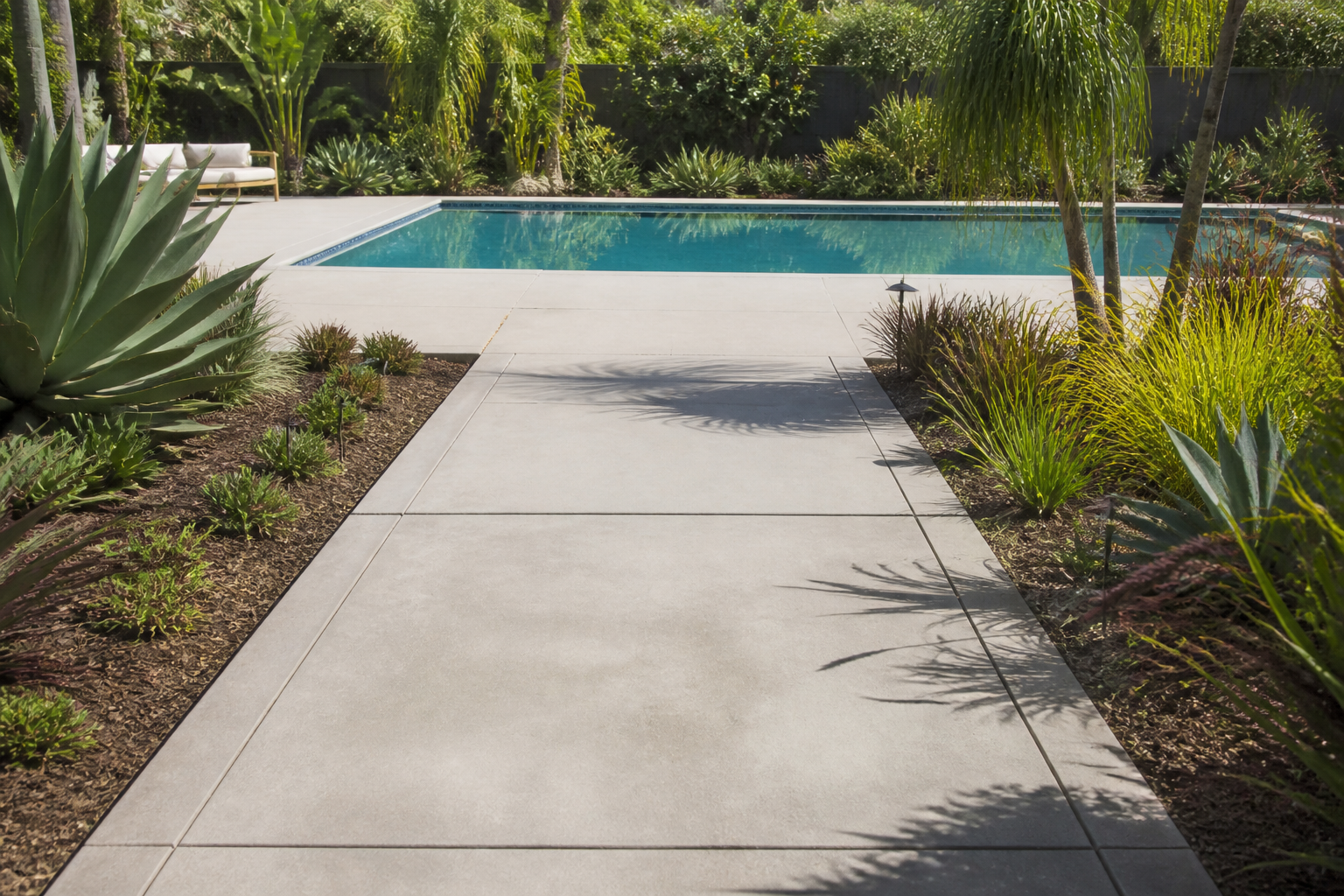 Concrete pathway leading to a backyard swimming pool
