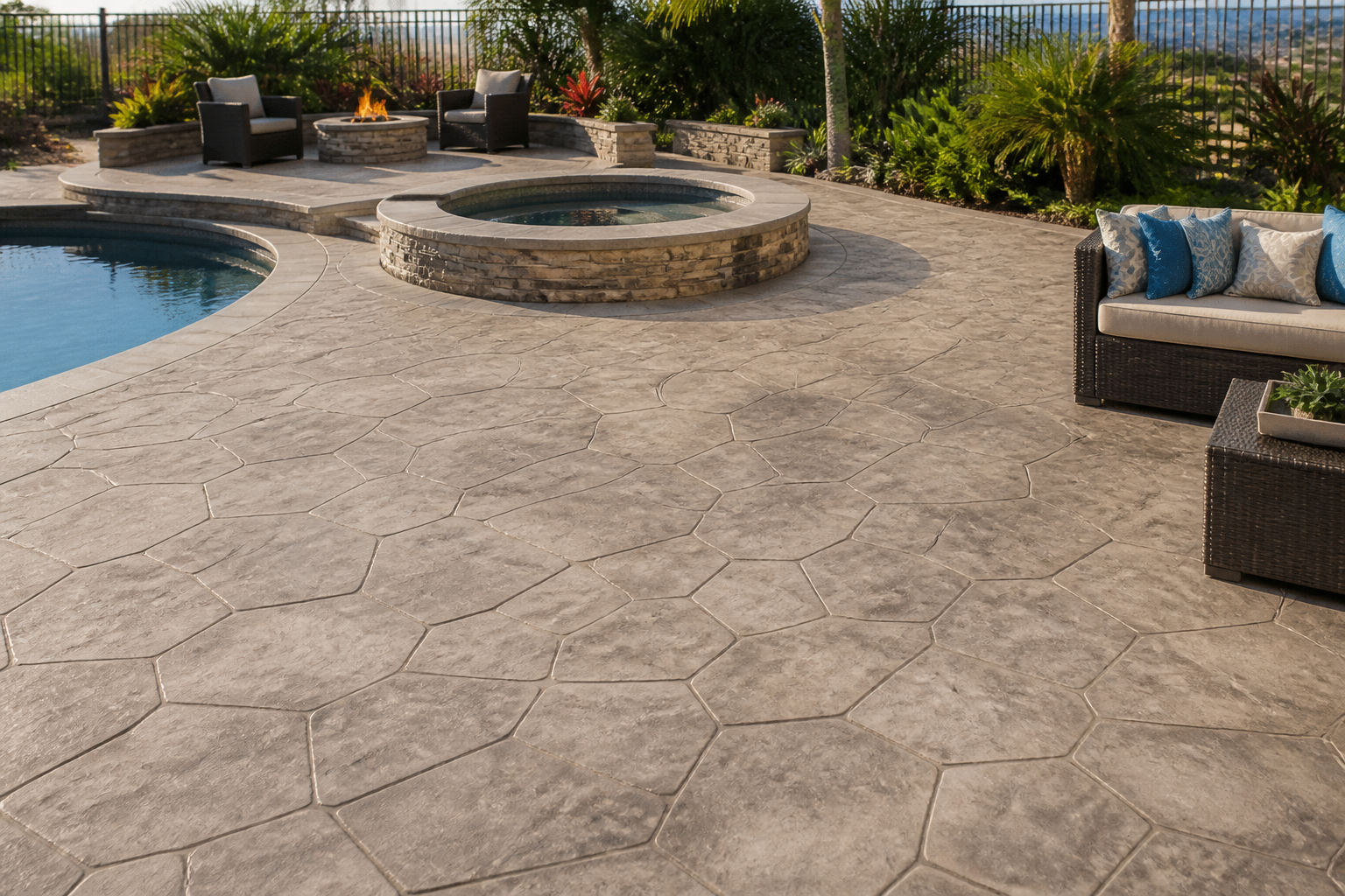 Large stamped concrete entertaining deck around spa and pool