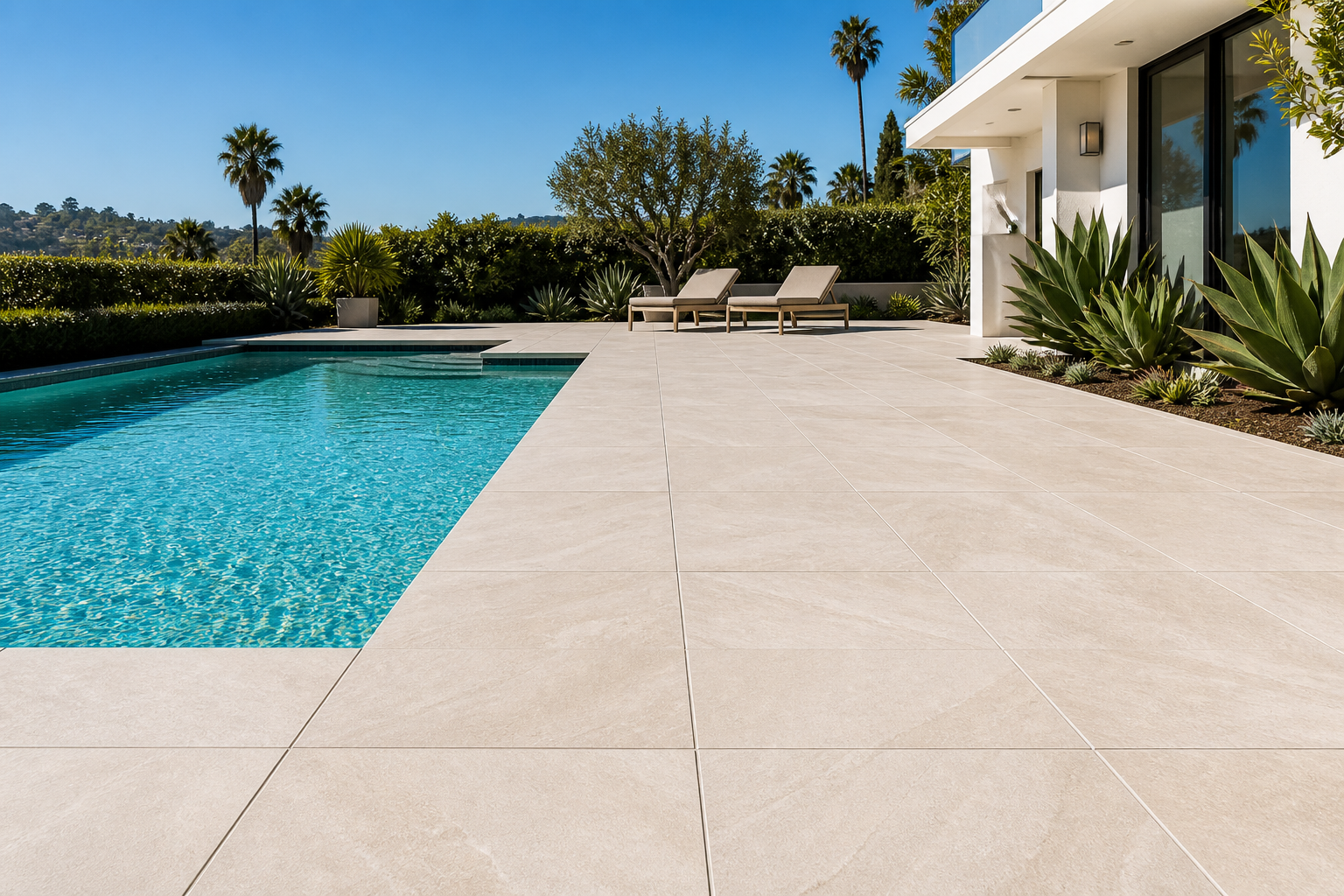 Porcelain paver swimming pool deck with clean modern joints