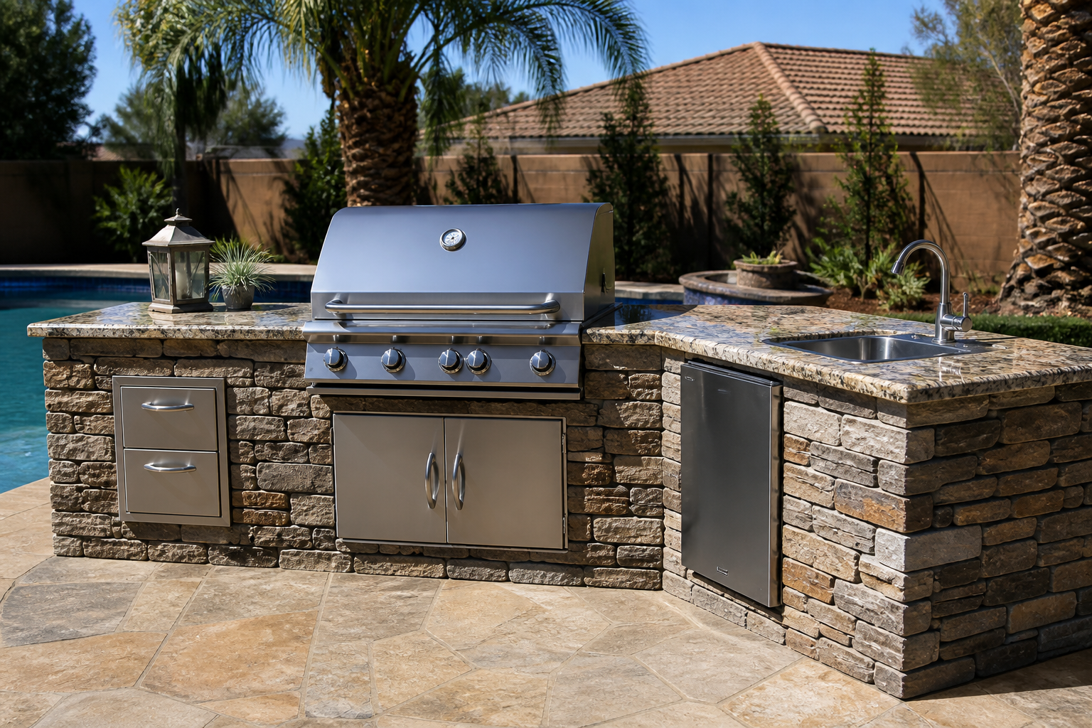 Masonry BBQ island with stone veneer beside a swimming pool