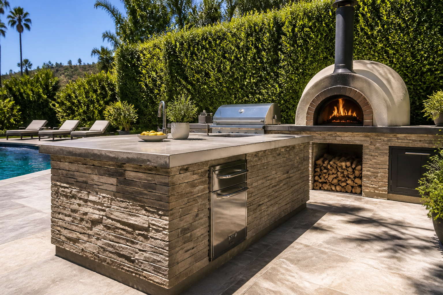 Outdoor kitchen with wood-fired pizza oven and stone island