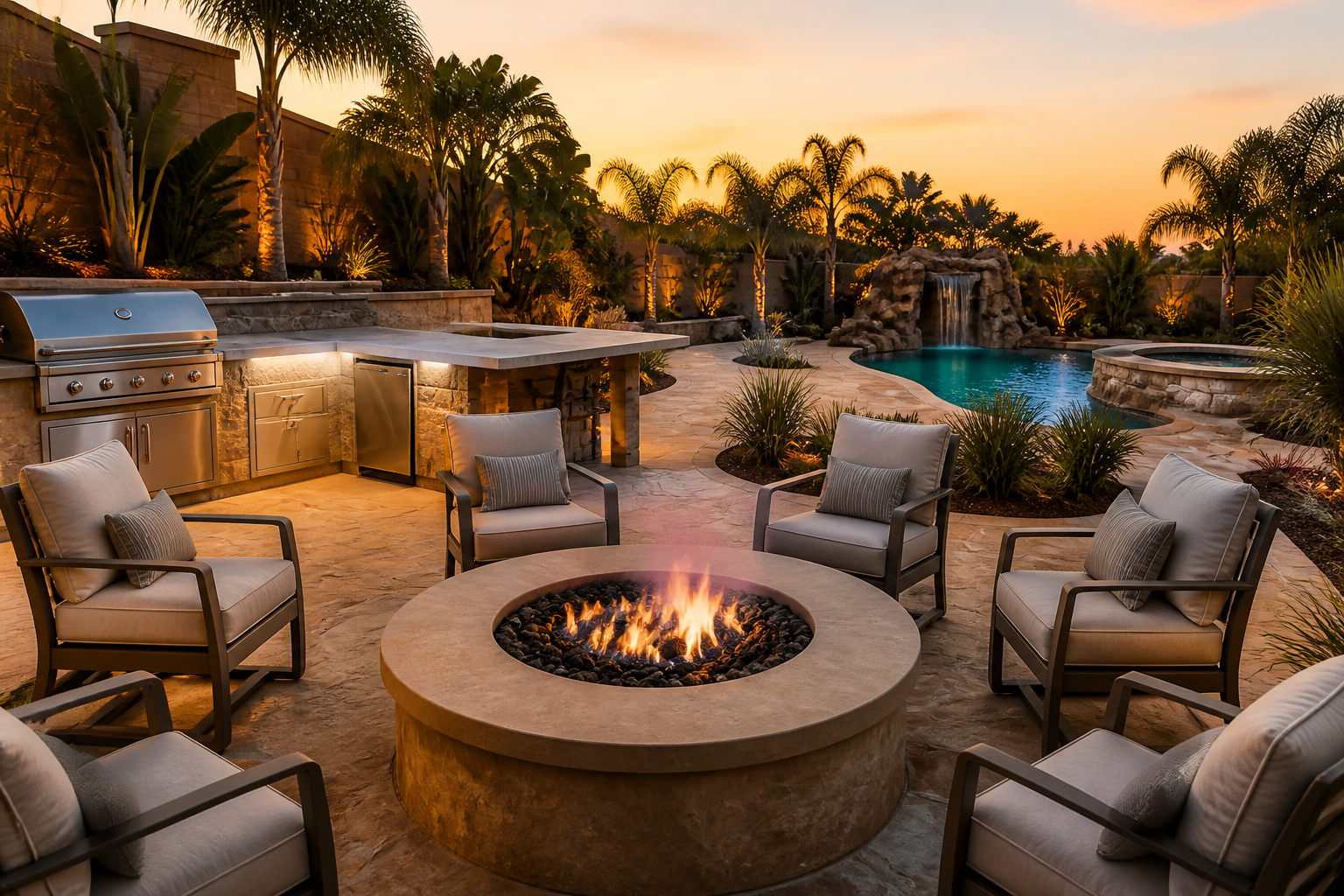 Firepit lounge with outdoor cooking island and pool