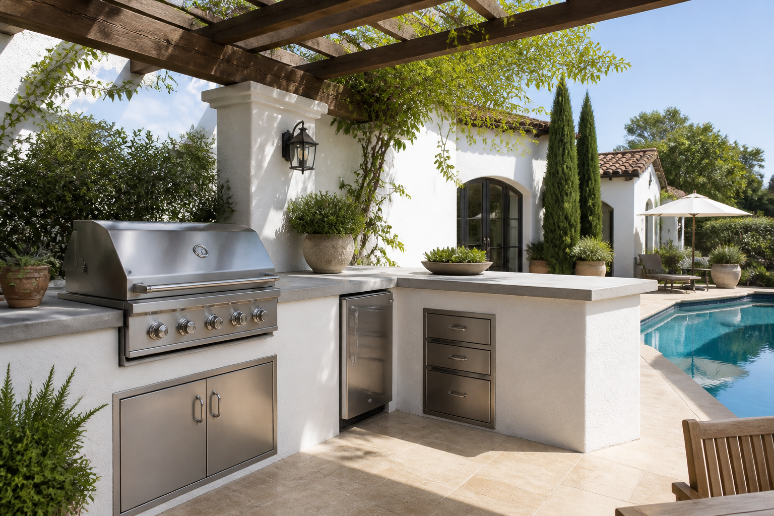 White stucco outdoor kitchen with stainless grill under pergola