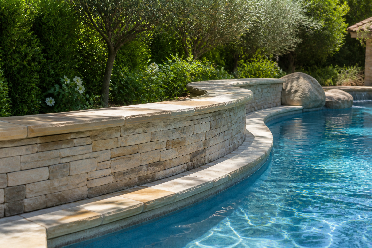 Natural stone veneer seat wall beside a swimming pool