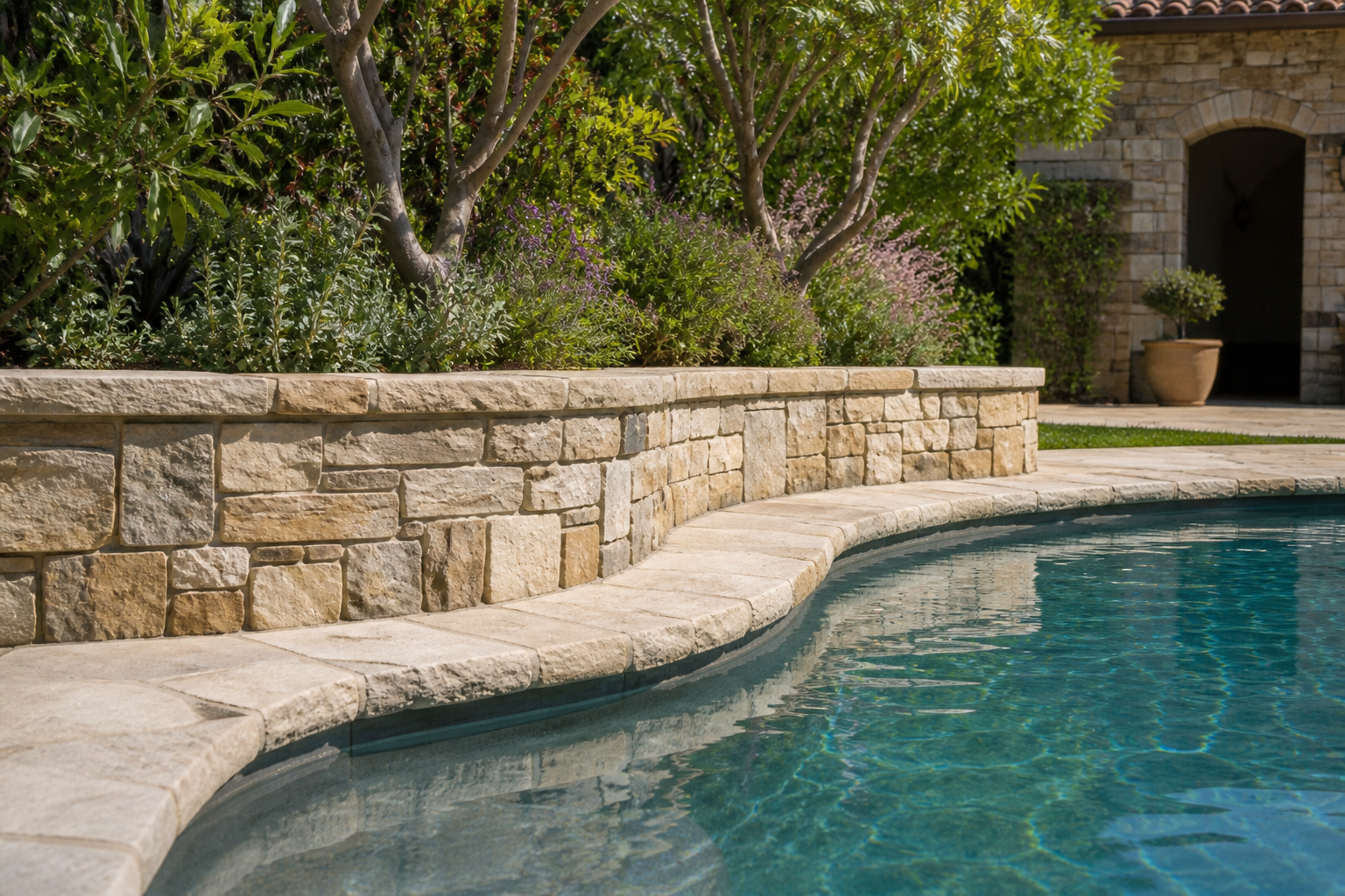 Stone planter walls and coping around a luxury pool
