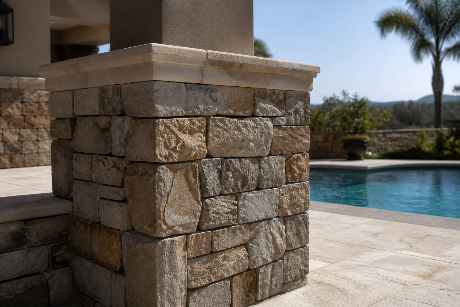 Stone veneer column and masonry detail by outdoor patio