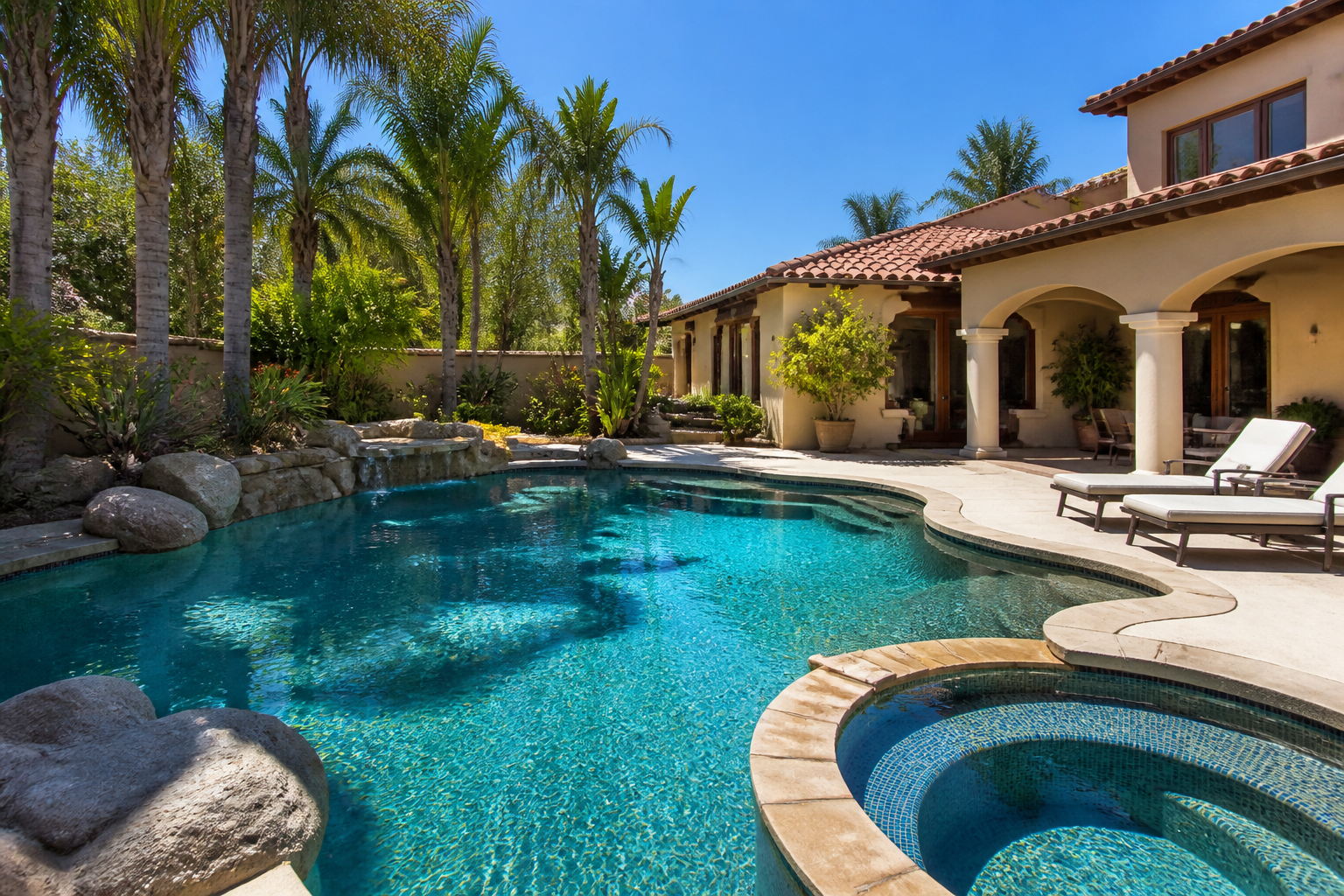 Mediterranean California estate backyard with freeform luxury pool and spa