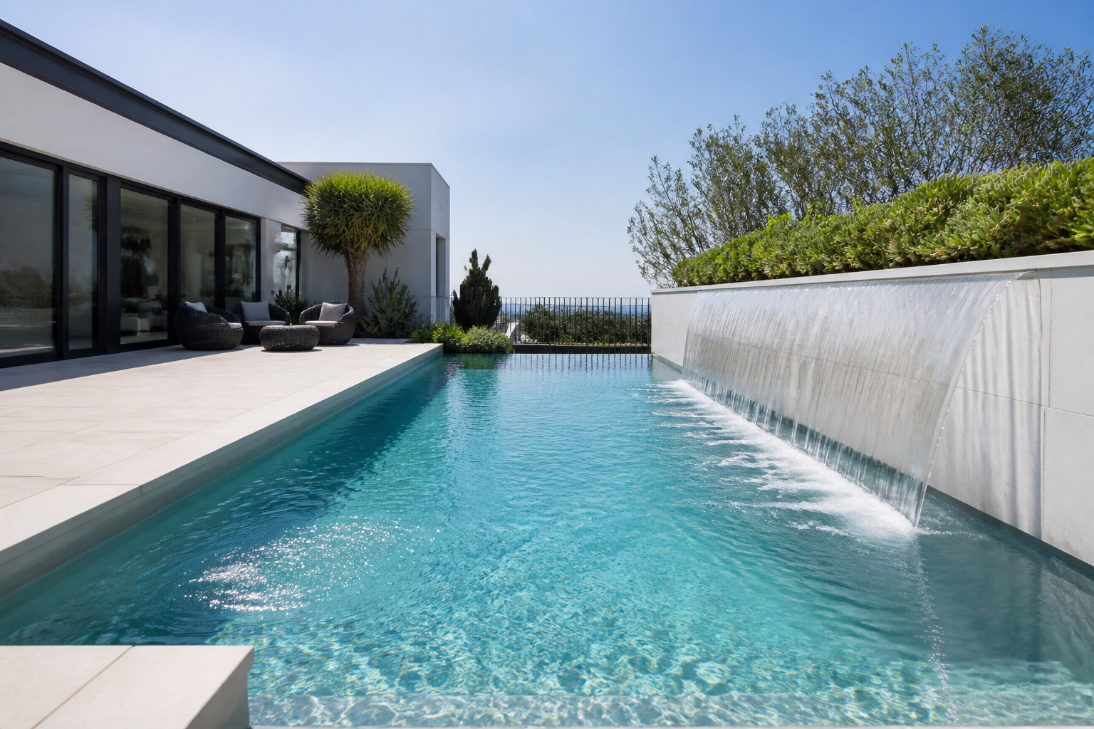 Contemporary pool with sheer descent water feature