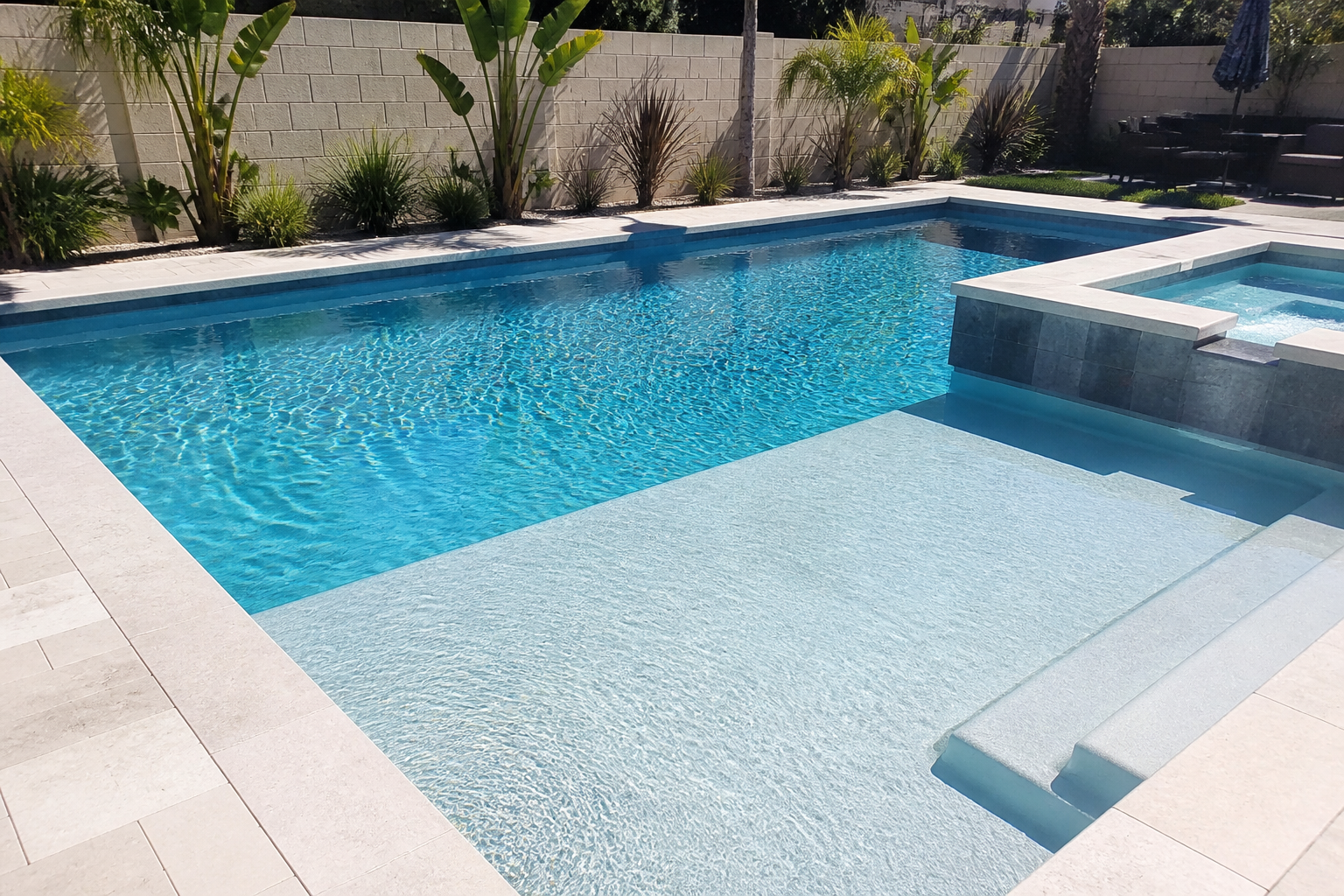 Family pool with sun shelf and clean coping