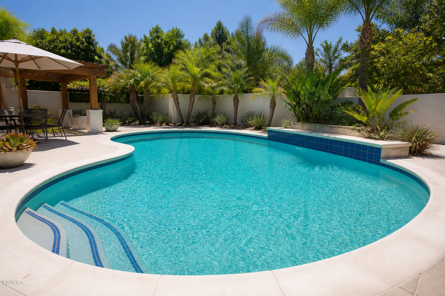 Remodeled pool with crisp new waterline tile and clear water