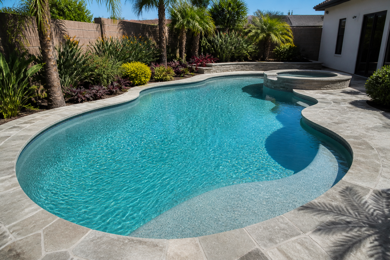 Remodeled pool with fresh pebble finish sparkling in sunlight